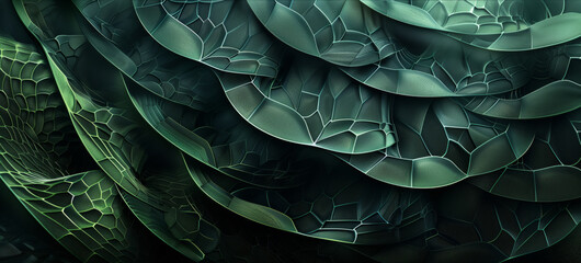 Abstract background with dragon scales and patterns in dark tones with light green and black hues, smooth lines, minimalistic design, flowing forms.