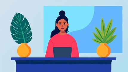 Receptionist greeting visitors at the front desk, hospitality, organization,