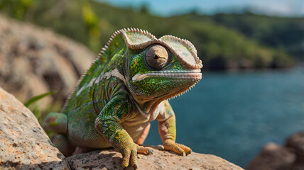Obraz premium Veiled chameleon standing on a rock