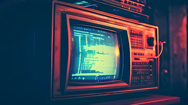 Retro and vintage computer system with coding overlay and glitch effect - Powered by Adobe