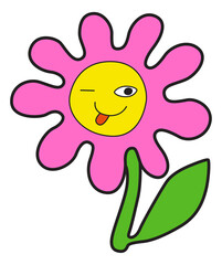 Winked flower in colorful psychedelic style. Weird sticker