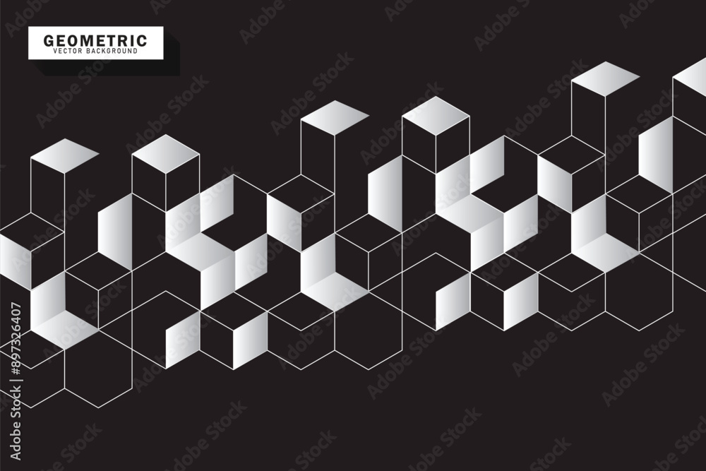 Poster abstract cubes geometric tile and mosaic wall or grid hexagon technology wallpaper. black and grey g