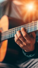 Musician playing an acoustic guitar on stage, performance, live music,