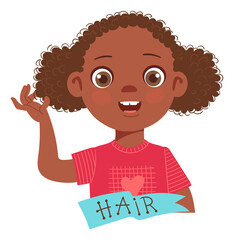 Black girl pointing hair. Kid body part