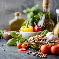 A vibrant display of fresh vegetables and herbs with colorful spices, perfect for healthy cooking inspiration.