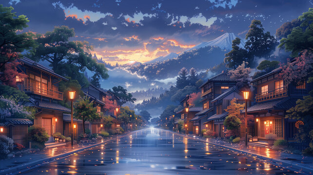 A beautiful calm Japanese Tokyo city town in the evening, sunset, houses at the street, anime manga cartoon comic art style, cozy lofi Asian architecture