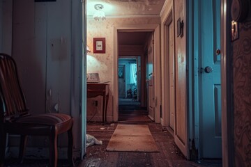 A simple interior room with a chair and a table, ready for use or decoration