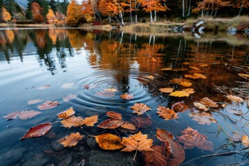 Vibrant autumn leaves are floating on the tranquil surface of a forest lake, creating mesmerizing ripples over the clear waters, enhancing nature&rsquo;s serene beauty and calmness.