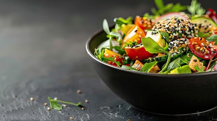 A vibrant salad filled with fresh vegetables, seeds, and colorful greens, perfect for healthy meal inspirations.