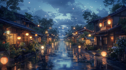 A beautiful calm Japanese Tokyo city town in the evening, sunset, houses at the street, anime manga cartoon comic art style, cozy lofi Asian architecture