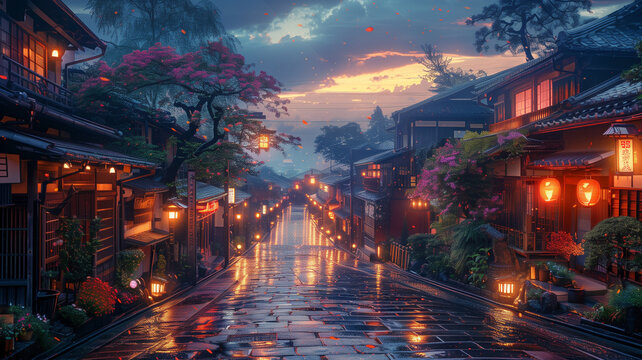 A beautiful calm Japanese Tokyo city town in the evening, sunset, houses at the street, anime manga cartoon comic art style, cozy lofi Asian architecture