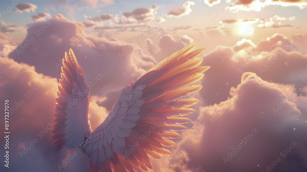 Poster ethereal angelic wings emerging from misty cloudscape dynamic aerial view with soft fluffy clouds an