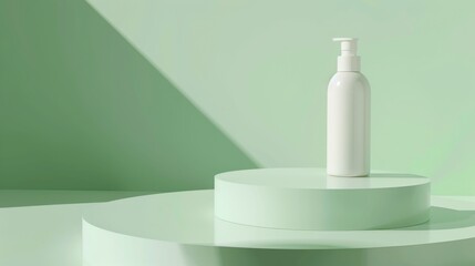 green pastel background, white lotion bottle on a platform, professional photo, flat lighting 