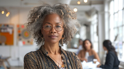 Confident Mature Woman with Curly Gray Hair and Colorful Attire in a Bright Office Setting
