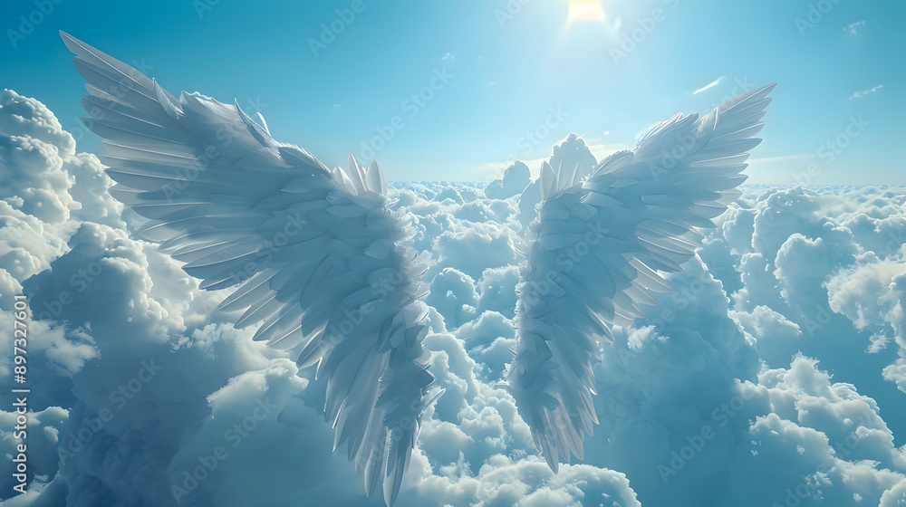 Poster majestic ethereal angel wings floating gracefully in a serene dreamy cloudscape landscape the image 