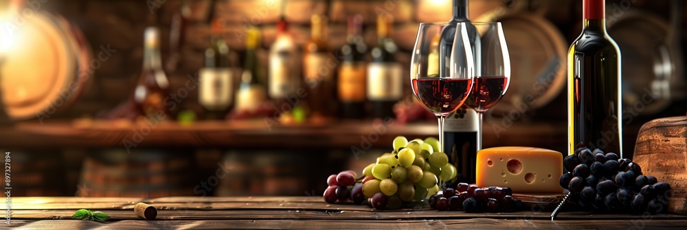 Aufkleber Two glasses of red wine, a bottle of wine, and a block of cheese sit on a wooden table in a rustic setting. Grapes and a wine cork are also present. Generative AI