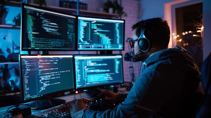 A developer is deeply focused on reviewing and optimizing complex code with detailed performance metrics and advanced analysis tools displayed across multiple monitors in a high tech workspace