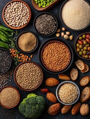 A vibrant assortment of nuts, seeds, and grains arranged in bowls, highlighting healthy and nutritious food options.