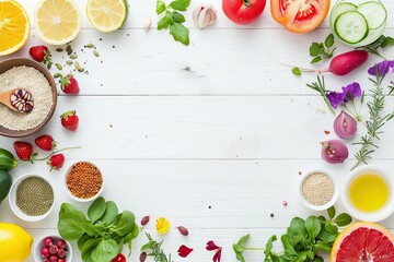 Fresh ingredients arranged on a light wooden table, perfect for healthy cooking and vegan recipes.