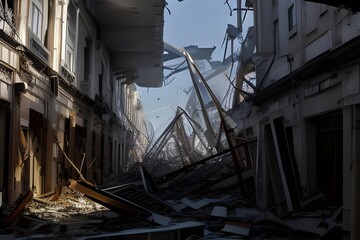 Realistic collapsed buildings with debris scattered around, due to an earthquake or explosion, Generative AI.