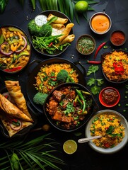 A vibrant spread of delicious dishes featuring rice, vegetables, sauces, and spices, perfect for food lovers and culinary enthusiasts.