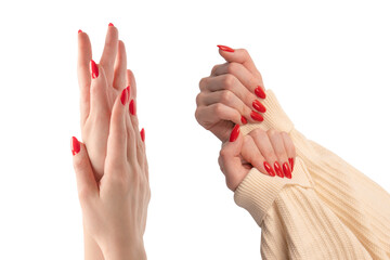 Woman hands with red nails isolated on a white background.