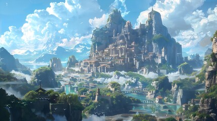 Majestic Fantasy Landscape with Castle and Mountains