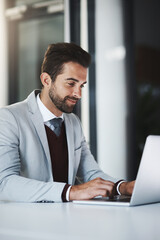 Fototapeta premium Corporate man, smile and laptop in office for productivity, research and achievement of project goals. Business employee, happy and tech in workplace for positive email, investment and revenue report