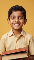 Obraz premium A smiling young indian schoolboy in a shirt and backpack holds a book, standing against a yellow background, capturing the joy and excitement of learning.