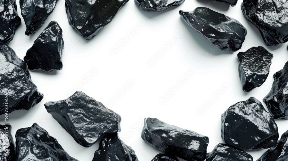 Poster a close-up image of a pile of black rocks on a white surface, ideal for use in presentations or desi