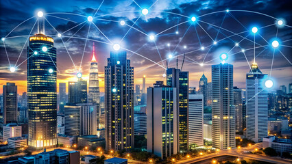 Obraz premium photorealistic cityscape dusk showcasing towering skyscrapers with colorful light trails from traffic. scenic cityscape featuring modern skyscrapers illuminated against a twilight sky digit concept