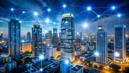 Obraz premium photorealistic cityscape dusk showcasing towering skyscrapers with colorful light trails from traffic. scenic cityscape featuring modern skyscrapers illuminated against a twilight sky digit concept