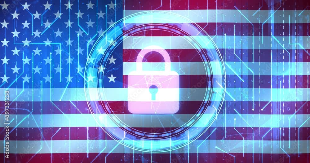 Poster usa cyber security and technology concept 4k background with lock and tech design