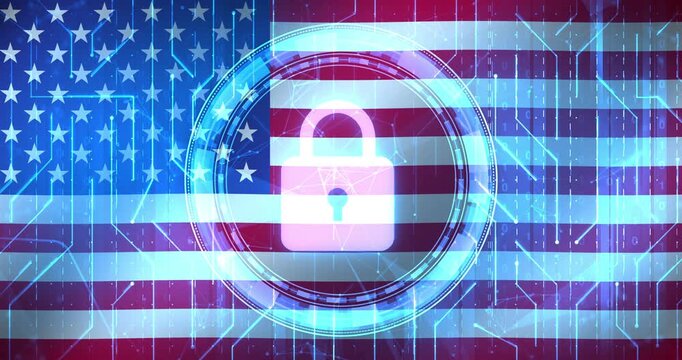 USA Cyber Security and technology concept 4K Background with Lock and tech design