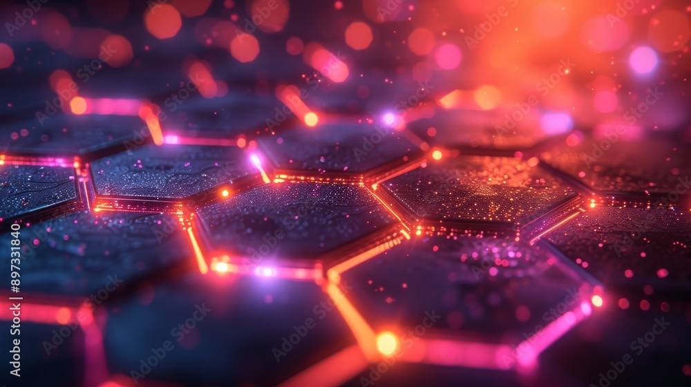 Aufkleber Glowing hexagonal shapes with bokeh effect on a dark background, futuristic technology concept