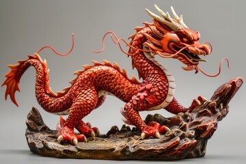Fototapeta premium Red chinese dragon statue standing on a rock, a mythical creature in chinese culture