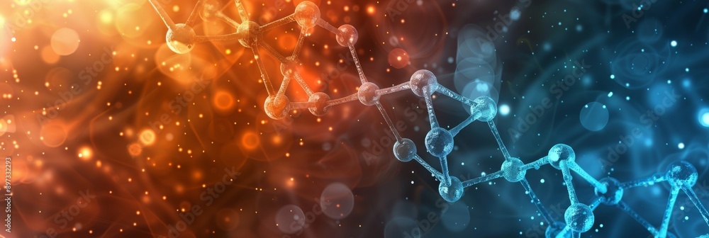 Poster abstract representation of biotechnology with dna strands and molecular network in a vibrant backgro