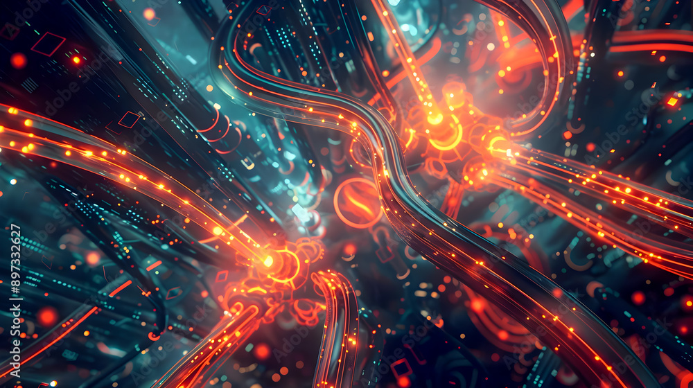 Poster captivating network of glowing cables with vivid colors and detailed textures in a dynamic aerial vi