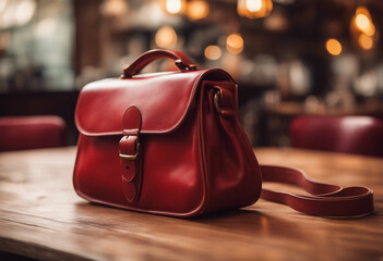 Red leather bag on a cozy cafe table, warm lighting, vintage decor.