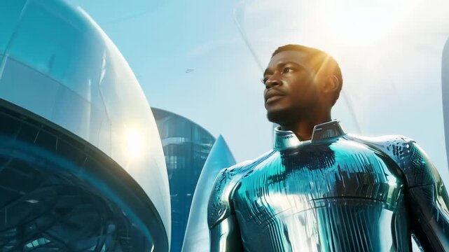 Futuristic city guardian in advanced armor suit