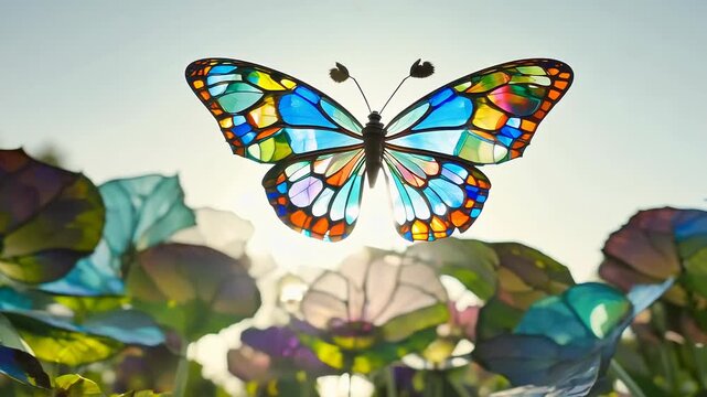 Vibrant stained glass butterfly in sunlit garden