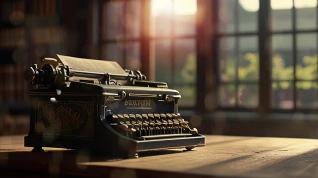 Sunlight shines on an old typewriter on a library table.