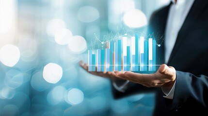 a business person holding a chart or graph and pointing to specific data on a smooth background. Neutral and professional colors to create a clear and informative image for business presentations and 