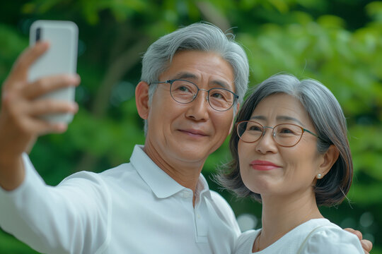 スマートフォンを使って自撮りするシニアカップル。初夏の新緑。