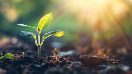 A young plant sprouting from the ground, symbolizing new life and growth in nature, with sunlight shining through.