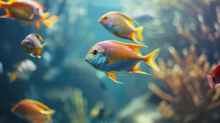 Naklejka premium A close-up of a school of fish swimming in a beautifully maintained aquarium.