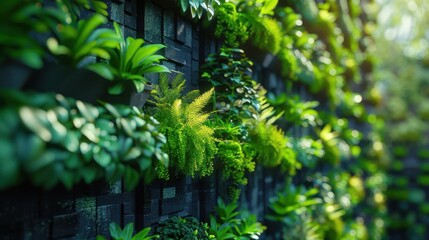 Closeup of a vertical garden on an urban building detailed textures and precision