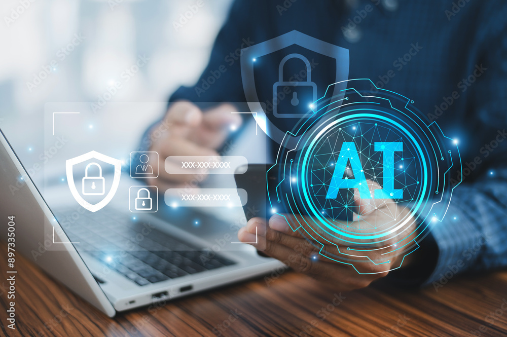 Poster a businessman using ai-driven cybersecurity enhances protection against digital threats, leveraging 
