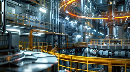 Fototapeta premium Futuristic industrial facility with advanced machinery, illuminated by blue and orange lights, featuring metallic structures, pipes, and control panels