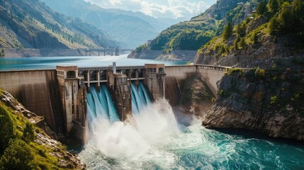 A dam releasing water, illustrating the power of hydroelectric energy.
